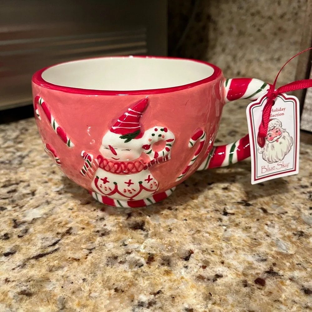 Blue Sky Christmas Snowman Candy Cane Lane Mug - Pink and White